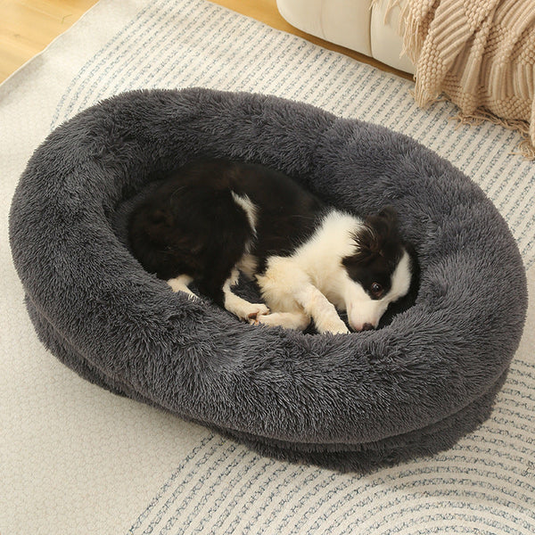 Fluffy Donut Shaped Pet Bed Soft Cozy And Anti Anxiety For Dogs Cats Machine Washable Dark Gray Size:L 90*65*20Cm Pet Beds