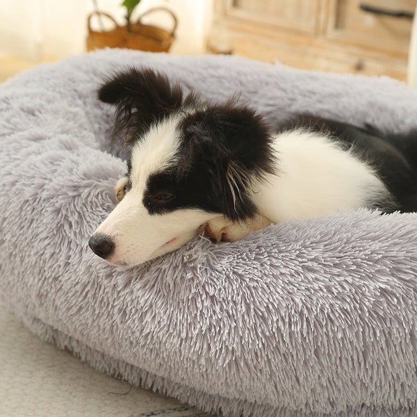 Fluffy Donut Shaped Pet Bed Soft Cozy And Anti Anxiety For Dogs Cats Machine Washable Dark Gray Size:L 90*65*20Cm Pet Beds