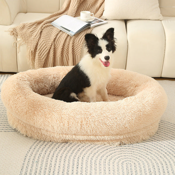 Fluffy Donut Shaped Pet Bed Soft Cozy And Anti Anxiety For Dogs Cats Machine Washable Dark Gray Size:L 90*65*20Cm Pet Beds