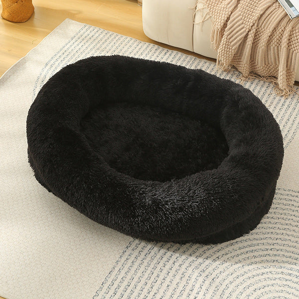 Fluffy Donut Shaped Pet Bed Soft Cozy And Anti Anxiety For Dogs Cats Machine Washable Black Size:L 90*65*20Cm Pet Beds