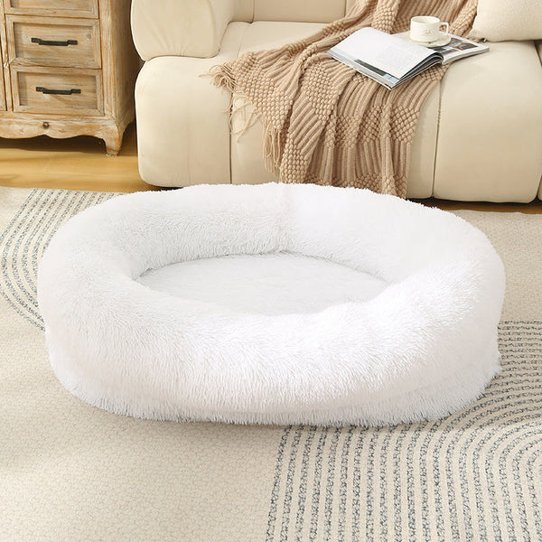Fluffy Donut Shaped Pet Bed Soft Cozy And Anti Anxiety For Dogs Cats Machine Washable White Size:L 90*65*20Cm Pet Beds