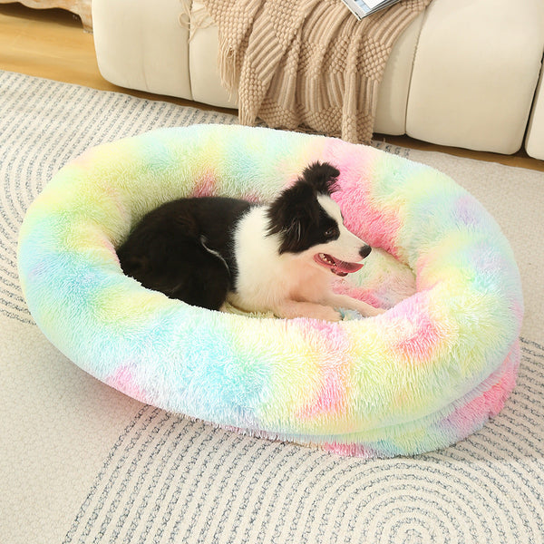 Fluffy Donut Shaped Pet Bed Soft Cozy And Anti Anxiety For Dogs Cats Machine Washable Dark Gray Size:L 90*65*20Cm Pet Beds