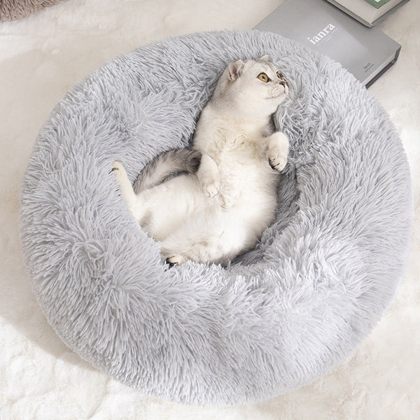 Calming Donut Pet Bed Soft Faux Fur Anti Anxiety Fluffy Round For Cats And Small Dogs (Beige Brown)40Cm Pet Beds