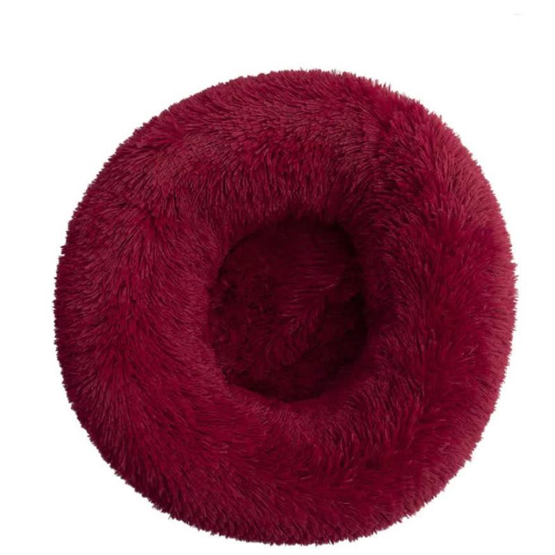 Calming Donut Pet Bed Soft Faux Fur Anti Anxiety Fluffy Round For Cats And Small Dogs (Wine Red)40Cm Pet Beds