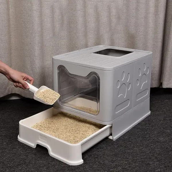 Foldable Cat Litter Box With Pull Out Tray Easy Cleaning And Anti Splash Design Grey 51*41*38Cm Litter Trays