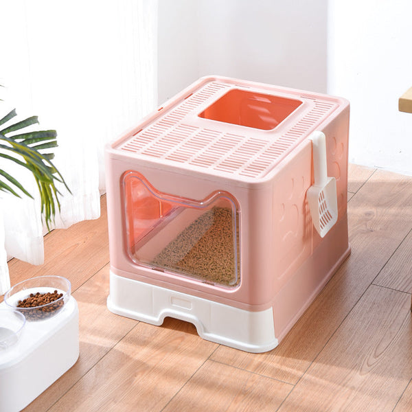 Foldable Cat Litter Box With Pull Out Tray Easy Cleaning And Anti Splash Design Pink 51*41*38Cm Litter Trays