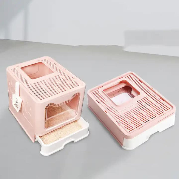 Foldable Cat Litter Box With Pull Out Tray Easy Cleaning And Anti Splash Design Pink 51*41*38Cm Litter Trays