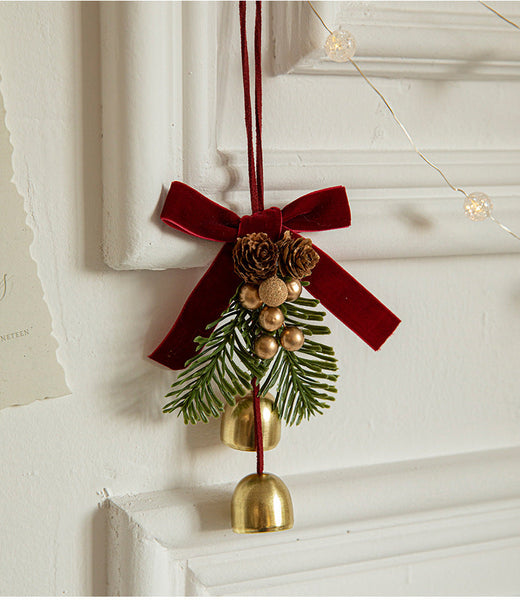 Christmas Hanging Ornament With Pinecones Bells And Velvet Bow 14X10cm Festive Decoration(3 Pcs) Seasonal Decorations