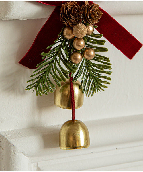 Christmas Hanging Ornament With Pinecones Bells And Velvet Bow 14X10cm Festive Decoration(3 Pcs) Seasonal Decorations