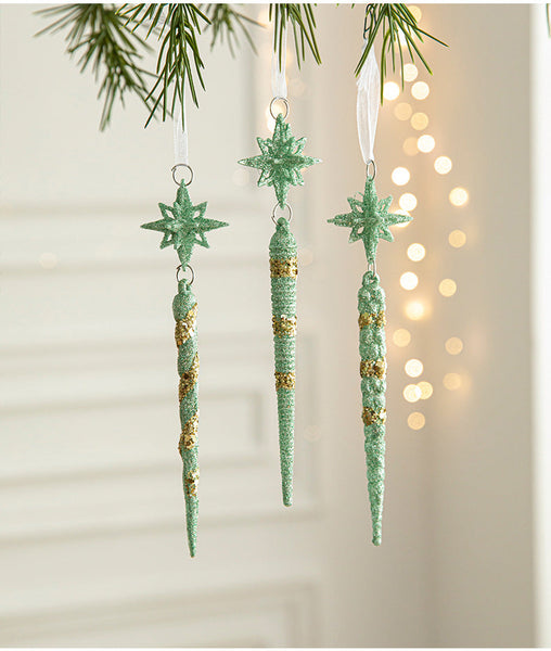 Elosung Green Glitter Icicle Christmas Ornaments With Star Tops 3 Hanging Decorations 5 In Total Seasonal Decorations