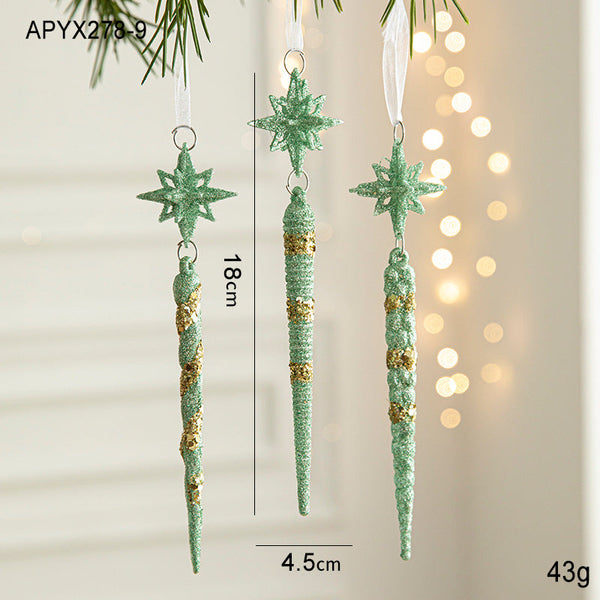 Elosung Green Glitter Icicle Christmas Ornaments With Star Tops 3 Hanging Decorations 5 In Total Seasonal Decorations