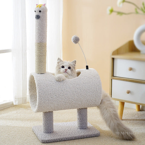 Interactive Cat Tunnel & Scratching Post With Spring Toy Cozy Playtime For Kittens White 35*23*71Cm Cat Toys