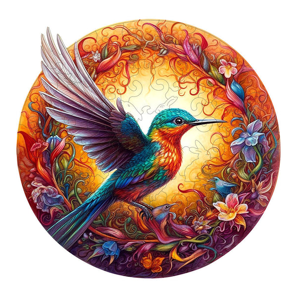 Round Hummingbird Wooden Puzzle Vibrant Floral Design (L Paper Box H159) Puzzles