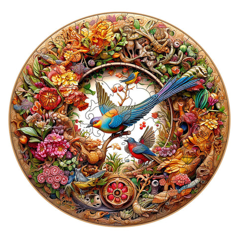 Intricate Garden Birds Round Wooden Puzzle Vibrant Nature Themed Artwork(S Paper Box H188) Puzzles