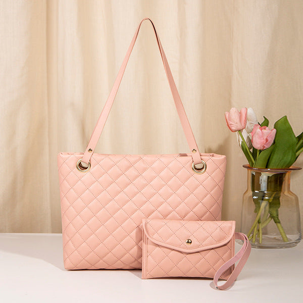 Elegant Quilted Tote Bag With Matching Clutch In Soft Pink Women's Bags & Handbags
