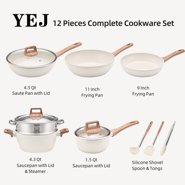 Yej 12 Piece Non Stick Complete Cookware Set | Pots Pans & Utensils (White) Other Cookware