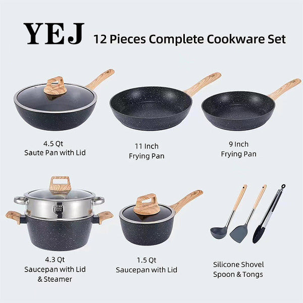 Elosung Yej 12 Piece Non Stick Complete Cookware | Pots Pans & Utensils (Black) Other Cookware