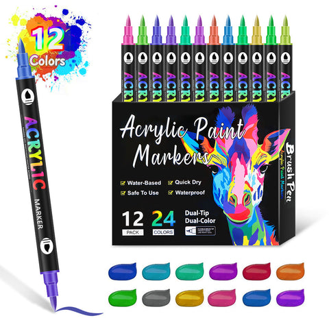 Elosung 12 Pack Dual Tip Acrylic Paint Markers 24 Vibrant Colors Waterproof & Quick Dry For Art Projects Art Pens & Markers