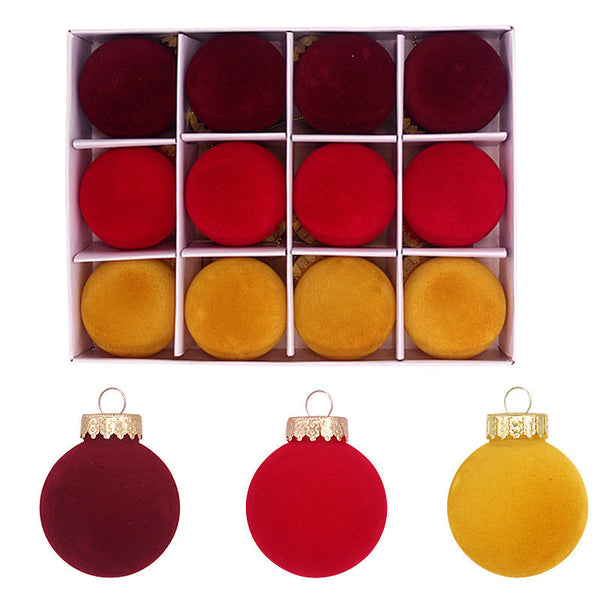 Elosung 12 Piece Velvet Christmas Ornament Set Classic Wine Red Yellow Baubles For Holiday Tree Decoration (6Cm) Seasonal Decorations