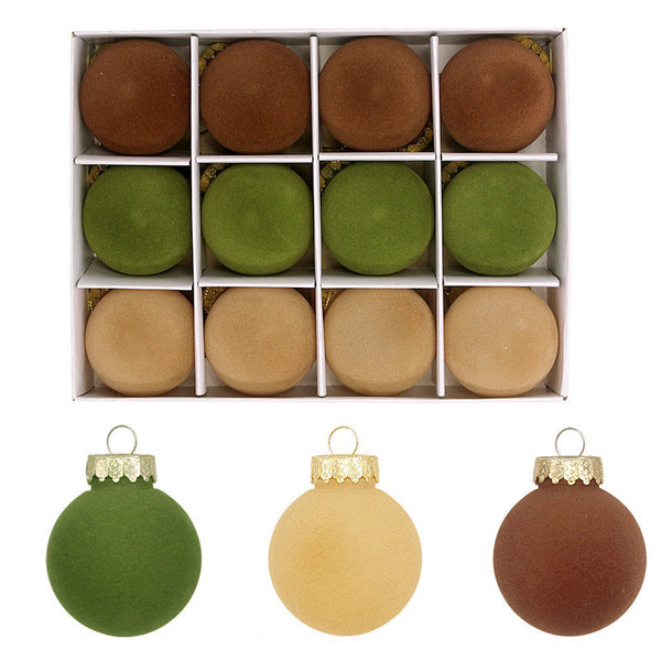 Elosung 12 Piece Velvet Christmas Ornament Set Classic Coffee Green Brown Baubles For Holiday Tree Decoration (6Cm) Seasonal Decorations