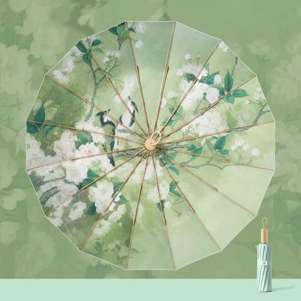 Elosung Traditional Chinese Style Folding Umbrella Green Floral Design With 16 Rib Structure Umbrellas