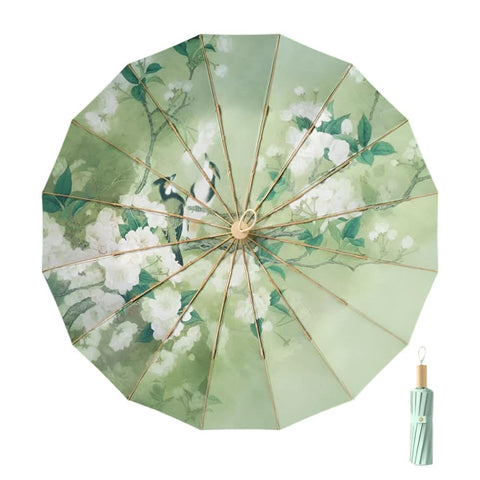 Elosung Traditional Chinese Style Folding Umbrella Green Floral Design With 16 Rib Structure Umbrellas