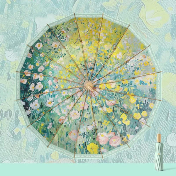 Elosung Traditional Chinese Style Folding Umbrella Green Floral Design With 16 Rib Structure Umbrellas