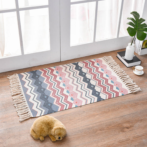 Elosung Bohemian Cotton Area Rug With Tassels Geometric Pattern Decorative Floor Mat 60*90Cm Door Mats & Floor Mats