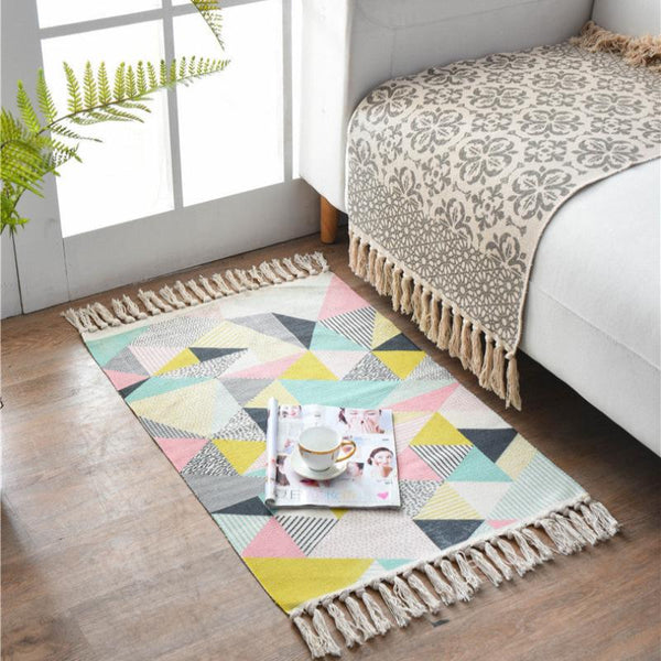 Elosung Bohemian Cotton Area Rug With Tassels Geometric Pattern Decorative Floor Mat 60*90Cm Door Mats & Floor Mats