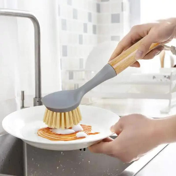 Elosung Eco Friendly Dish Scrub Brush Gray 2 Pcs Natural Bamboo Handle With Durable Bristles Random Rope Color Mops Brooms & Scrubbers
