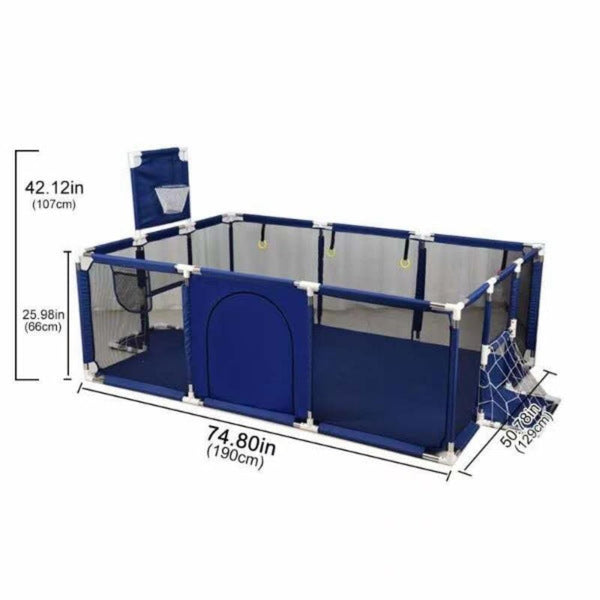 Large Kids Playpen With Basketball Hoop & Soccer Goal 74X50 Inches Little One Safety Activity Center Indoor Outdoor Yard (Blue) Baby Playpens