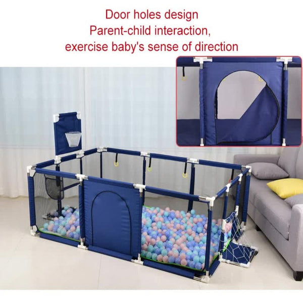Large Kids Playpen With Basketball Hoop & Soccer Goal 74X50 Inches Little One Safety Activity Center Indoor Outdoor Yard (Blue) Baby Playpens