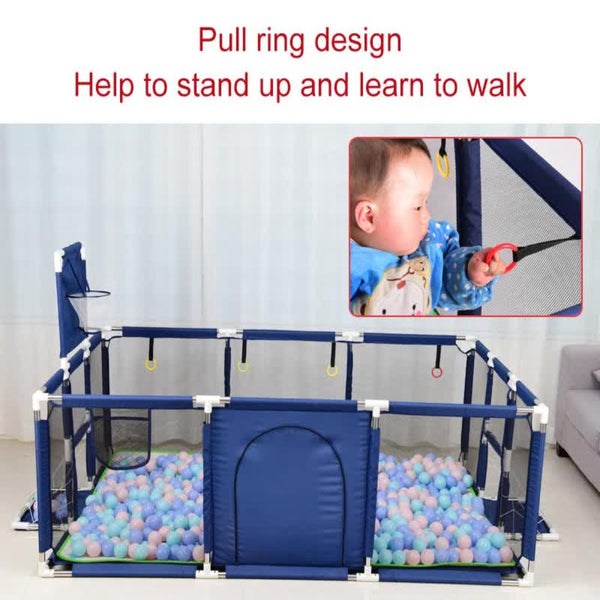 Large Kids Playpen With Basketball Hoop & Soccer Goal 74X50 Inches Little One Safety Activity Center Indoor Outdoor Yard (Blue) Baby Playpens