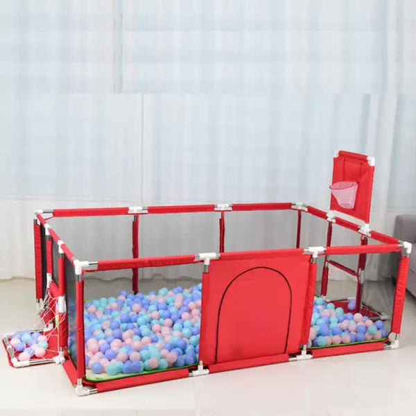 Large Kids Playpen With Basketball Hoop & Soccer Goal 74X50 Inches Little One Safety Activity Center Indoor Outdoor Yard (Red) Baby Playpens