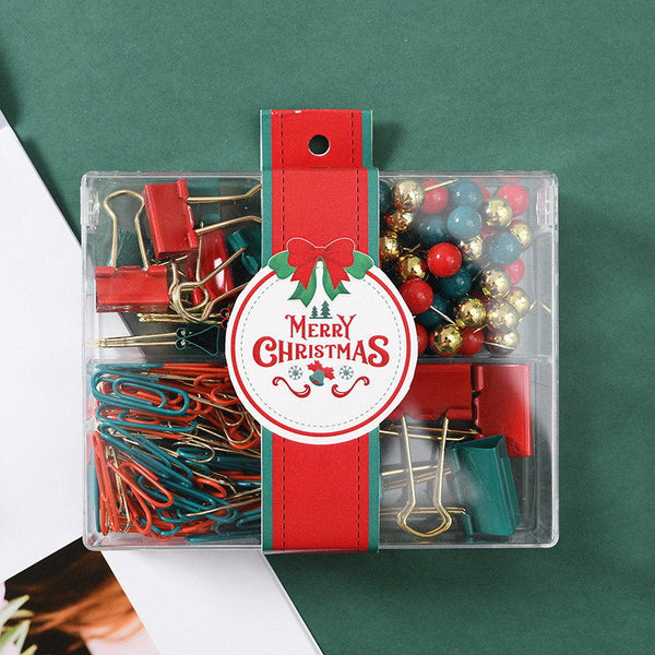 Elosung S11012 Christmas Stationery Set Festive Binder Clips Paper Push Pins In Holiday Colors(2 Set) Stationery Sets