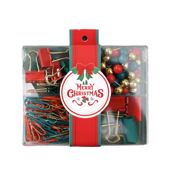 Elosung S11012 Christmas Stationery Set Festive Binder Clips Paper Push Pins In Holiday Colors(2 Set) Stationery Sets