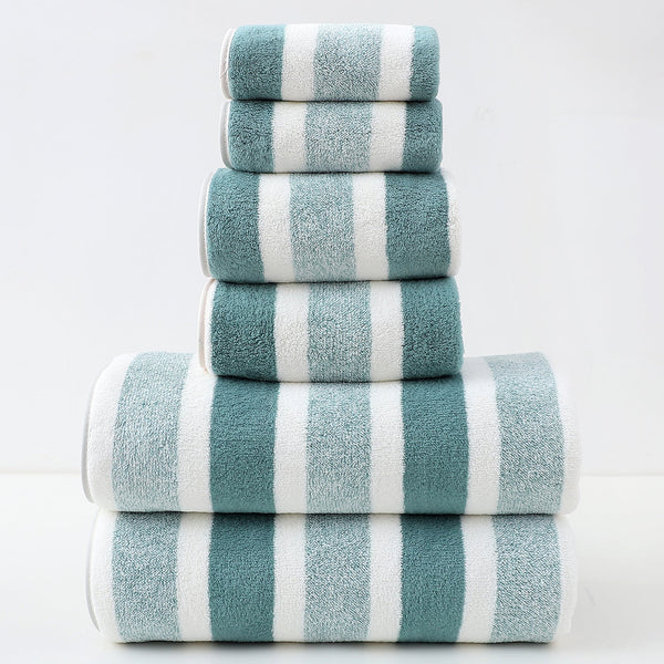 Luxury Cotton Green Wide Stripe Towel Set 6 Piece (2 Hand Towels Bath Washcloths) Ultra Soft And Absorbent Towels & Washcloths