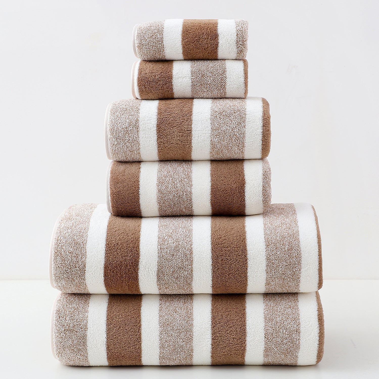 Luxury Cotton Brown Wide Stripe Towel Set 6 Piece (2 Hand Towels Bath Washcloths) Ultra Soft And Absorbent Towels & Washcloths