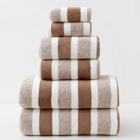 Luxury Cotton Brown Wide Stripe Towel Set 6 Piece (2 Hand Towels Bath Washcloths) Ultra Soft And Absorbent Towels & Washcloths
