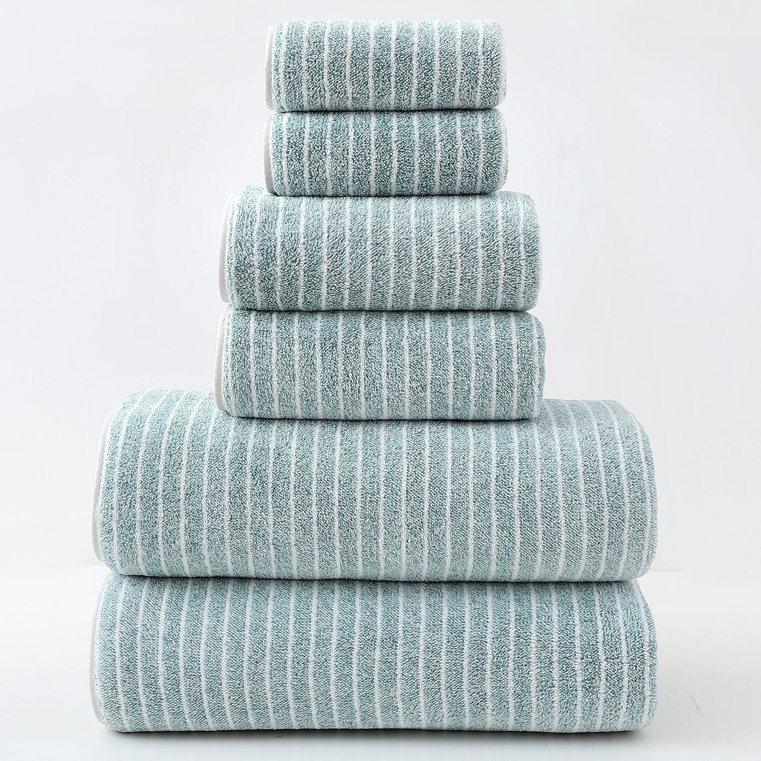Luxury Cotton Striped Towel Set 6 Piece (2 Hand Towels Bath Washcloths) Ultra Soft And Absorbent (Green) Towels & Washcloths