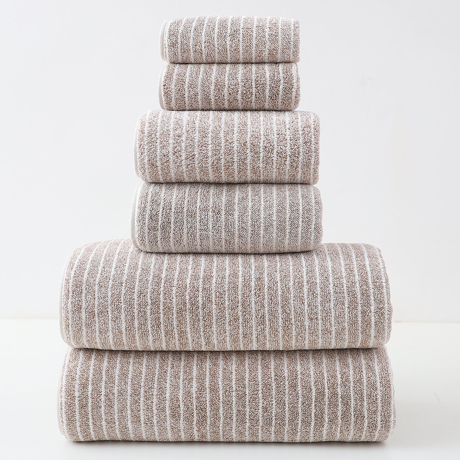 Luxury Cotton Striped Towel Set 6 Piece (2 Hand Towels Bath Washcloths) Ultra Soft And Absorbent (Brown) Towels & Washcloths