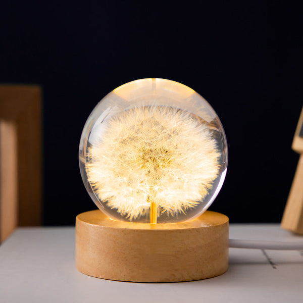 Elsoung Luminous 3D Dandelion Crystal Ball Beech Wood Stand Base Preserved Flower Sphere Desktop Ornaments Birthday Christmas Gifts Night Lights