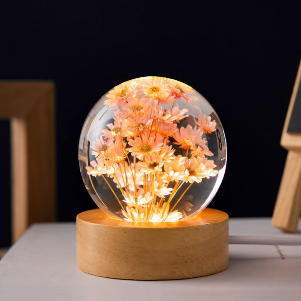 Elsoung Luminous 3D Dandelion Crystal Ball Beech Wood Stand Base Preserved Flower Sphere Desktop Ornaments Bithday Christmas Gifts Night Lights