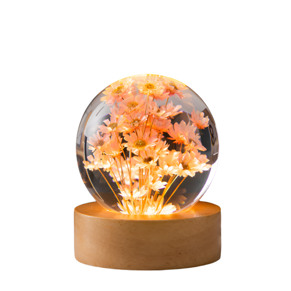 Elsoung Luminous 3D Dandelion Crystal Ball Beech Wood Stand Base Preserved Flower Sphere Desktop Ornaments Bithday Christmas Gifts Night Lights