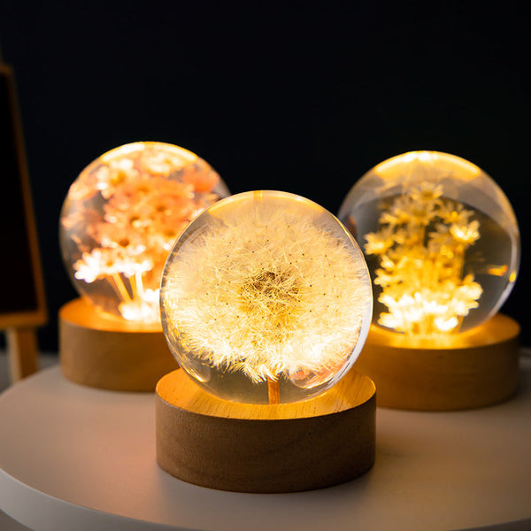 Elsoung Luminous 3D Dandelion Crystal Ball Beech Wood Stand Base Preserved Flower Sphere Desktop Ornaments Bithday Christmas Gifts Night Lights