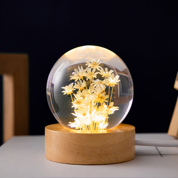 Elsoung Luminous 3D Dandelion Crystal Ball Beech Wood Stand Base Preserved Flower Sphere Desktop Ornaments Bithday Christmas Gifts Night Lights