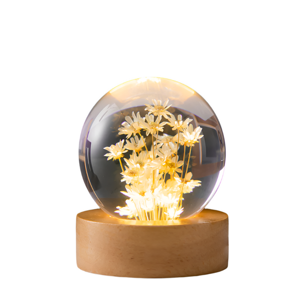 Elsoung Luminous 3D Dandelion Crystal Ball Beech Wood Stand Base Preserved Flower Sphere Desktop Ornaments Bithday Christmas Gifts Night Lights