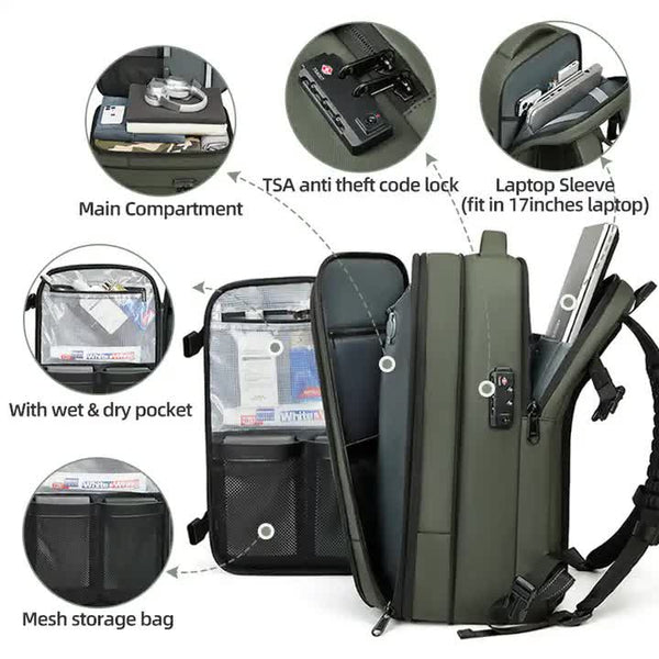 Black Expandable Waterproof Laptop Backpack Fits 17 Inch Anti Theft Design Travel Friendly Laptop Cases & Bags