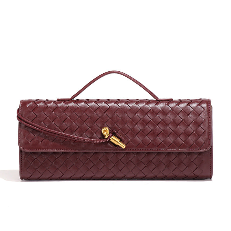 Wine Red Luxury Woven Pu Leather Clutch Bag Womens Evening Baguette Adjustable Shoulder Strap Women's Bags & Handbags