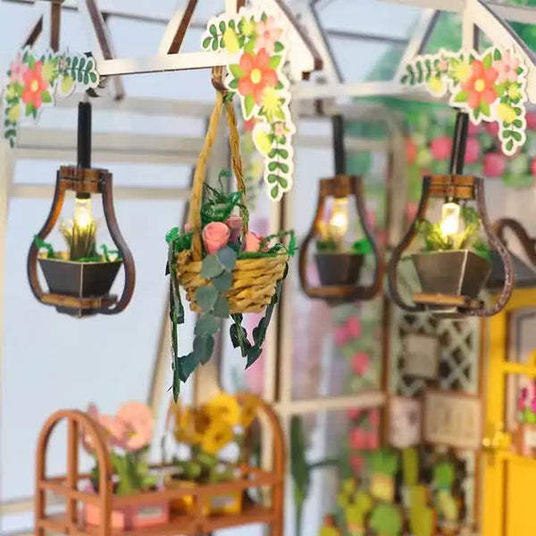 Dollhouse Miniature Diy Greenhouse Kit Garden House With Led Lights Doll Houses